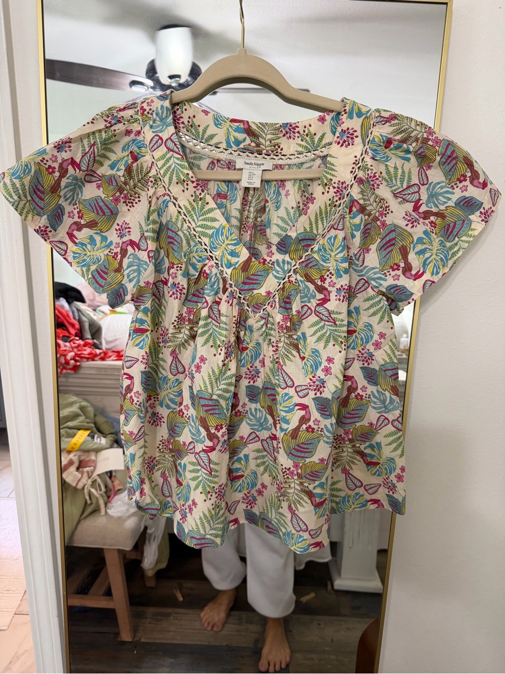 Eileen Fisher Cream Floral V-Neck Flutter Sleeve Blouse